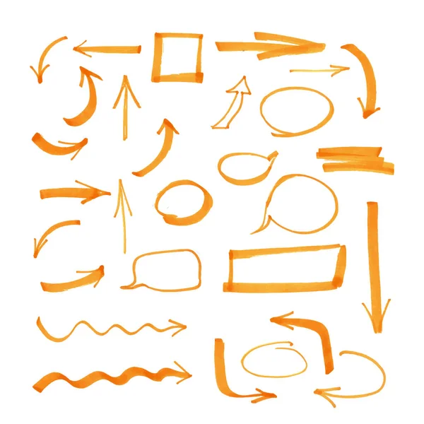 Met Hand Getekende Oranje Pijlen Geïsoleerd Witte Achtergrond — Stockvector