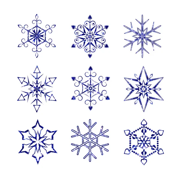 Set Blue Snowflakes Elements Isolated White Background — Stock Vector