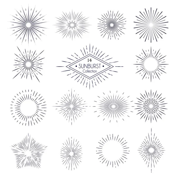 Набір Ізольованих Контурних Сонячних Променів Елементами Дизайну Логотипу Білому Тлі — стоковий вектор
