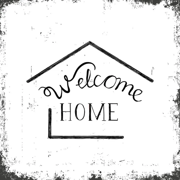 欢迎回家 和绘画形式的房子 黑色的白色复古背景 — 图库矢量图片