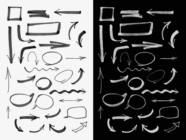 Handgezeichnete Schwarz Weiße Pfeile Und Rahmen Symbole Auf Hintergrund Gesetzt — Stockvektor