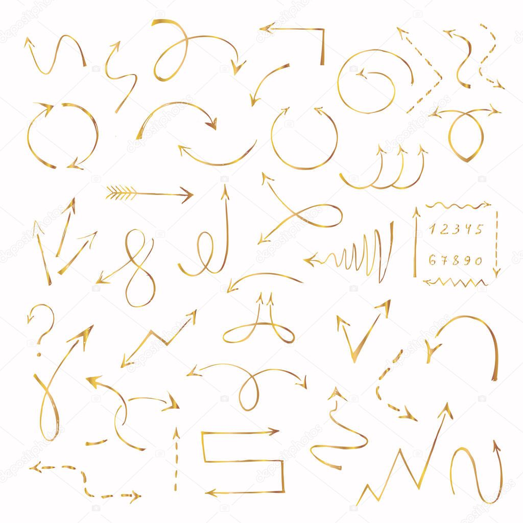 Hand drawn arrows made of gold glitter texture isolated on white background.