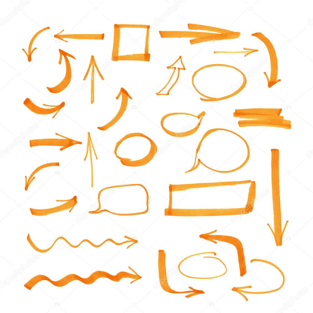 Hand drawn orange arrows isolated on white background.