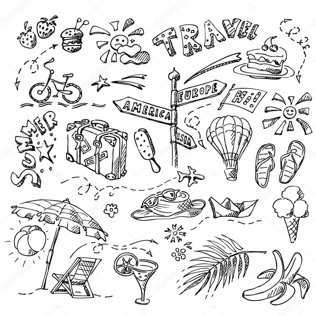 Set of different kinds of handwritten drawings with black pen on tetrad on theme of resting, beach and sea