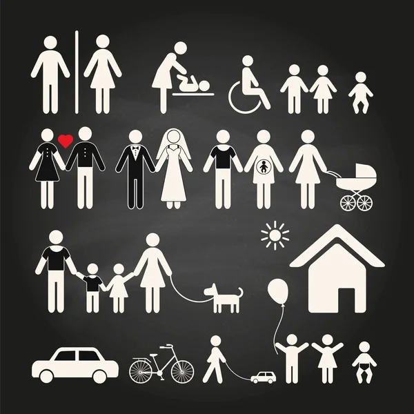 Conjunto de iconos familiares sobre un fondo de pizarra . — Vector de stock