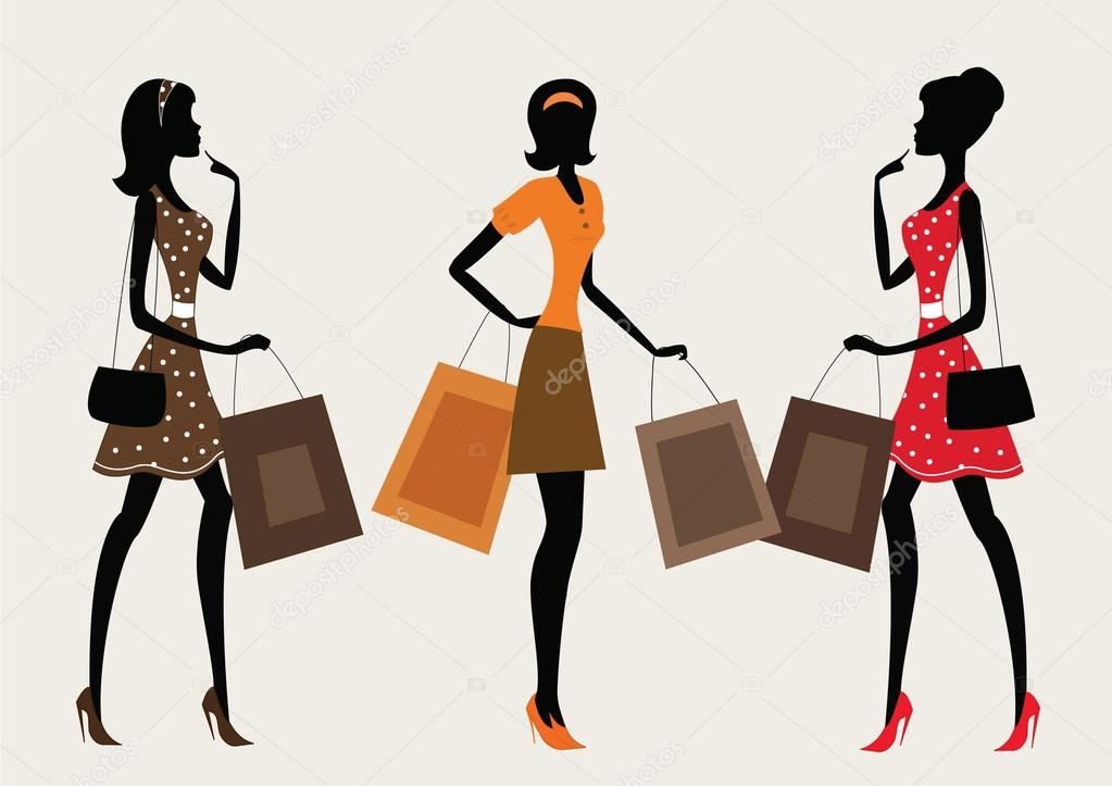 Three silhouettes of a women shopping.