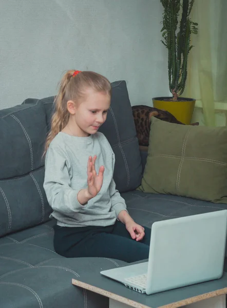 Sevimli küçük kız kanepede oturuyor ve karantinadaki bir laptopta video görüşmesi yapıyor.