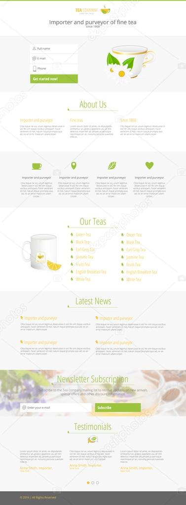 Vector flat design tea company web landing page with tea company logo, illustrations and icons.File with transparent objects