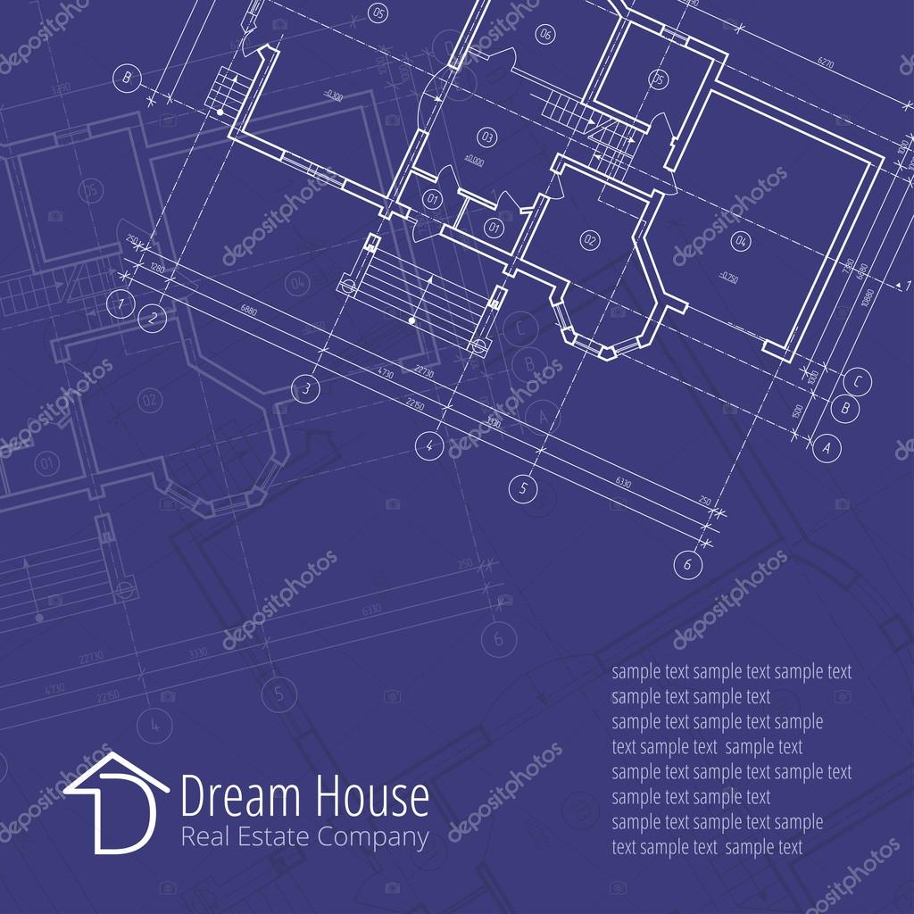 Architectural vector background. Building plan silhouette on blue background and D dream house real estate company logo, architecture and design company logo