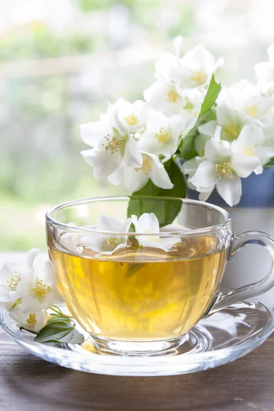 Cup of tea with jasmine and blooming jasmine branch