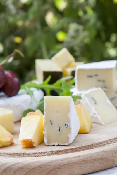 さまざまなおいしいチーズや果物木製ラウンド ボード — ストック写真