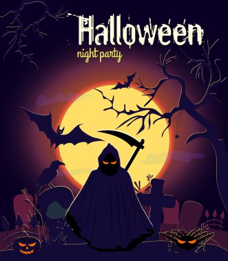 Eski mezarlık, vektör çizim Cadılar Bayramı Reaper görüş. Halloween gece parti poster.