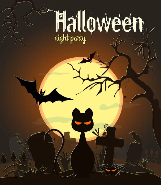 Halloween gato negro en el cementerio viejo, ilustración vectorial. Cartel de fiesta de Halloween . — Archivo Imágenes Vectoriales