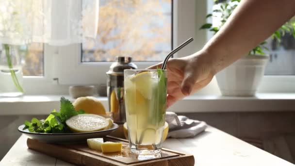 Femme Ascenseur Verre Table Gin Pamplemousse Cocktail Tonique Sur Table — Video