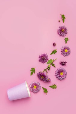 Pembe arka planda pembe kasımpatı olan kahve ya da çaydan yapılmış yaratıcı bir tasarım..