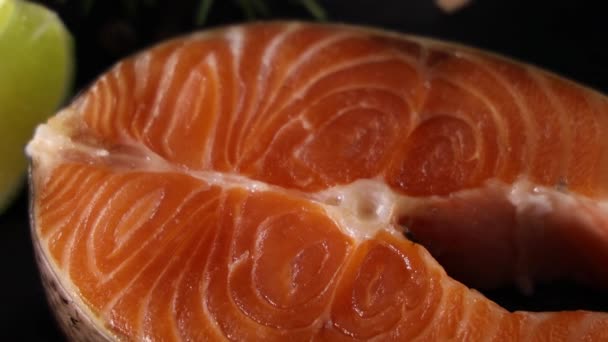 スレートボードと塩 ピーマン レモン クローブ ローズマリーの生の新鮮なサーモンステーキ 鮭の調理 魚介類 健康食品の概念 サーモンとスパイスが円を描くように回転して — ストック動画