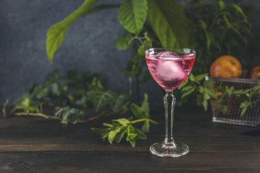 Koyu ahşap masa yüzeyinde büyük bir buz yumağı bulunan zarif kadehteki kan portakallı kokteyl sepetinde yeşil otlar ve çiğ taze kan portakalı vardı..