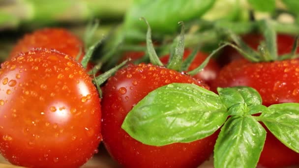 Délicieuses Tomates Cerises Fraîches Avec Des Feuilles Basilic Vert Branche — Video