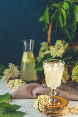 Elderflower şurubundan buz küpleri, açık gri bir masa yüzeyinde bir bardakta meyve suyu veya şampanya, seçilmiş odak noktası, dar bir alan derinliği