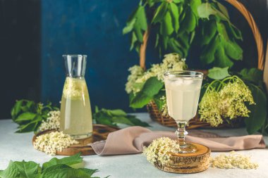 Elderflower şurubundan buz küpleri, açık gri bir masa yüzeyinde bir bardakta meyve suyu veya şampanya, seçilmiş odak noktası, dar bir alan derinliği