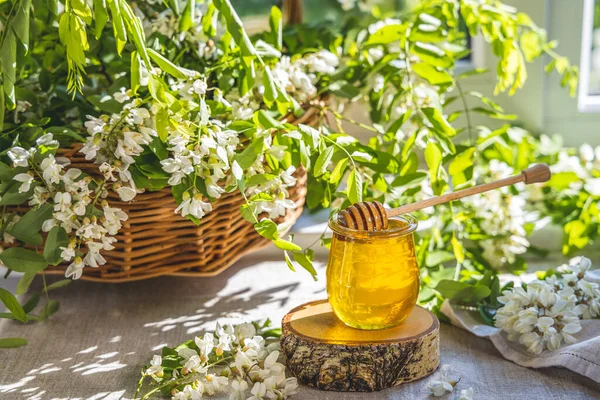 Zoete Honing Pot Omgeven Voorjaar Acacia Bloeit Zonnig Licht Ondiepe — Stockfoto