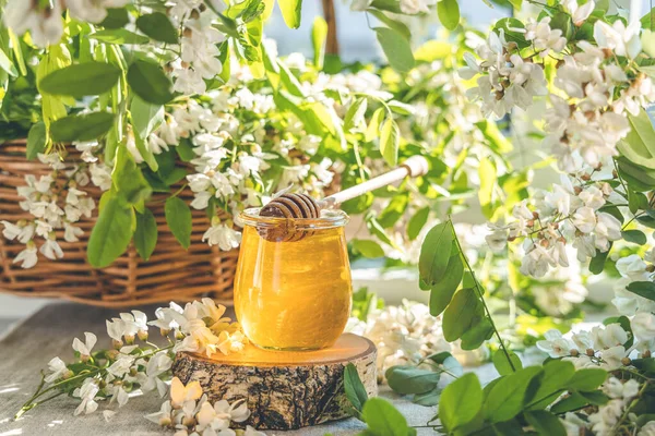 春のアカシアの花に囲まれた甘い蜂蜜瓶 日当たりの良い光 フィールドの浅い深さ — ストック写真