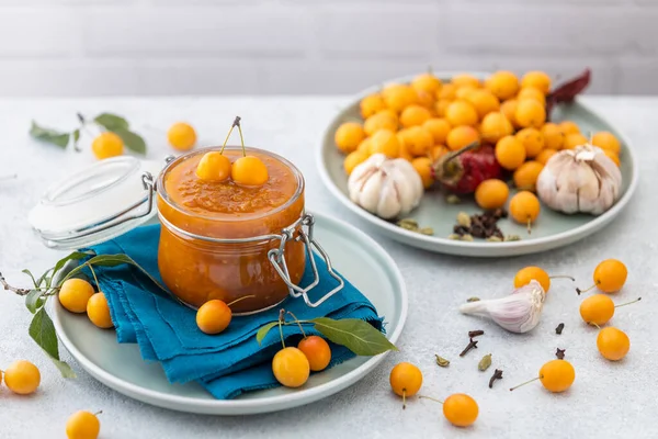 Glas Hausgemachtes Diy Natürliches Kirschpflaumenmus Chutney Mit Chili Oder Tkemali — Stockfoto