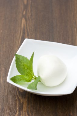 Mozzarella with herbs in a white rectangular bowl on wooden table