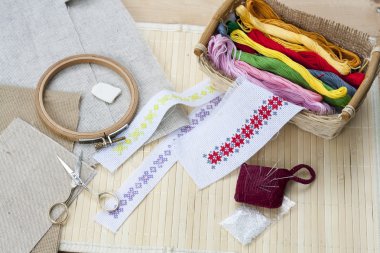 Sewing and ambroidery craft kit, embroidery thread in basket and other tools, selective focus