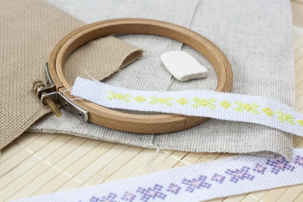 Sewing and ambroidery craft kit, embroidery and other tools, selective focus — Stock Photo, Image