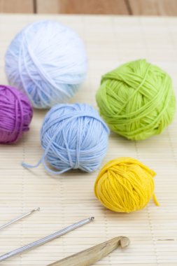 Color woolen clews for knitting close-up, selective focus