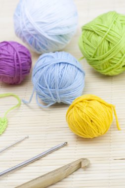 Color woolen clews for knitting close-up, selective focus