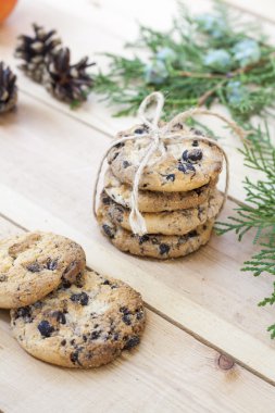 Homemade Christmas cookies with chocolate, nuts, cones, cinnamon and green arborvitae branch on a wooden table