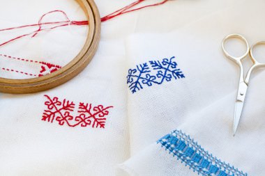 Samples Ukrainian embroidery, unfinished work in progress and tools for embroidery