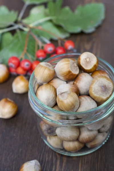 Hazelnuts, mountain ash, red and yellow autumn leaves on a wooden background — 图库照片