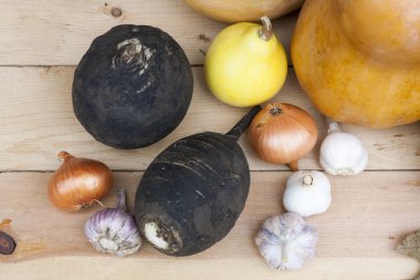 Kabaklar ve sonbahar berry ve sebze eski ahşap arka plan, portre, seçici odak ile sonbahar natürmort