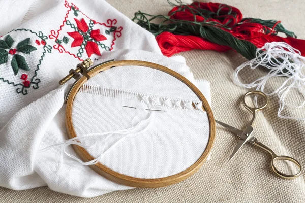 Openwork embroidery, incomplete work in progress and tools for embroidery — Stock Photo, Image