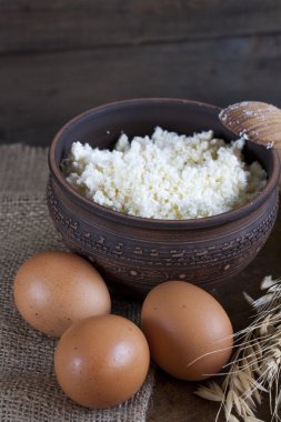 Rustik doğal süt ürünleri. Rustik doğal süt ürünleri süzme peynir ve ekmek, yumurta, soğan ve sarımsak buğday eski ahşap arka plan üzerinde.