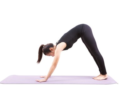 siyah vücut yoga oturan takım elbise giyen Asyalı kadın portresi 
