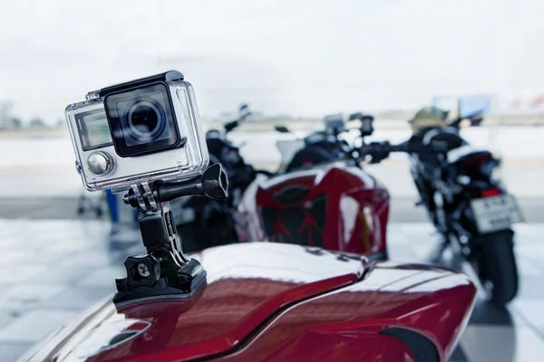 Action camera spot mounted on rear of sport motorcycle — Stock Photo, Image