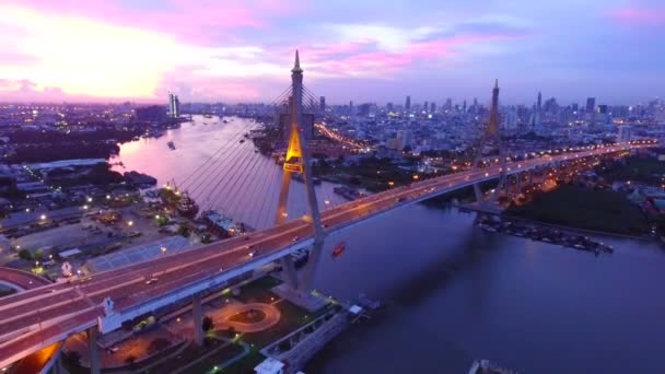 Aerial view of bhumiphol bridge crossing chaopraya river in bangkok thailand capital — Stock Video