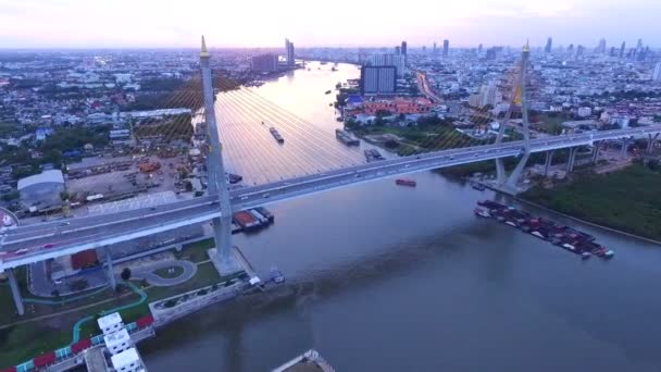 Aerial view of bhumiphol bridge crossing chaopraya river in bangkok thailand capital — Stock Video