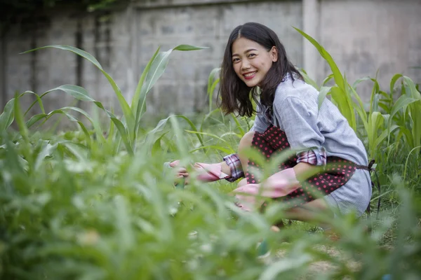 Jüngere asiatische Frau bei der Hausgärtnerei, hipster Lebensstil — Stockfoto