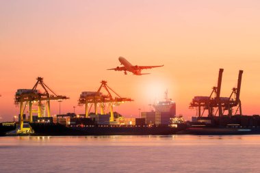 shipping boat and cargo plane flying against beautiful sky clipart