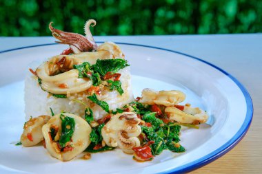 Tayland sokak yemeği tarzında fesleğenli ve kırmızı soğuklu kalamar yemeye hazır. 