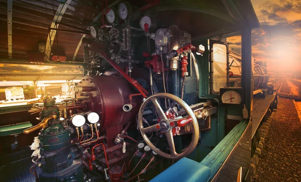 Inside control room of stream engine locomotive train parking on — Stock Photo, Image