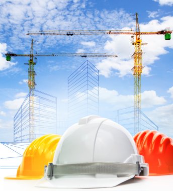 Safety helmet against sketching of building construction with li clipart