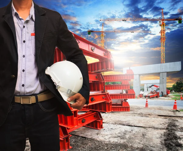 Engineer man with safety helmet working in road and bridge const — Stock Photo, Image