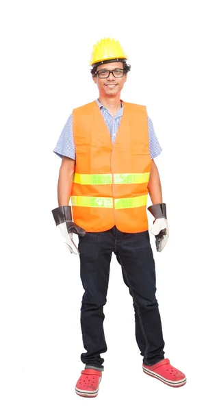 Retrato de asiático trabajador hombre usando seguridad chaqueta duro sombrero y —  Fotos de Stock