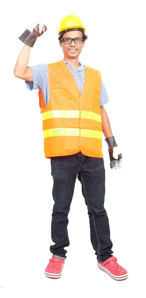 Portrait of asian worker man wearing safety jacket hard hat and — Stock Photo, Image